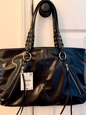 Zara Black Shoulder Tote with Grommet-Detail Straps